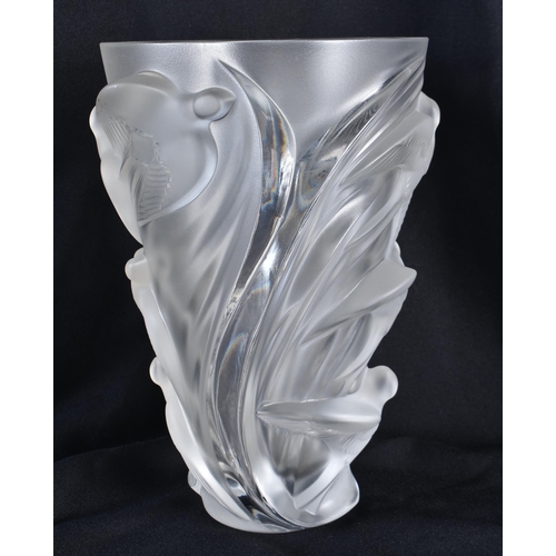 121 - A LARGE FRENCH LALIQUE GLASS BIRD VASE. 25 cm x 15cm.