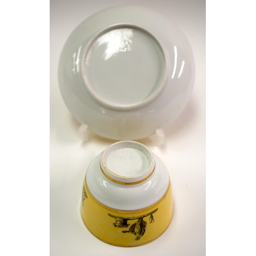 128 - Barr Flight and Barr rare yellow ground teacup and saucer printed in grey with Roman scenes. Saucer ... 