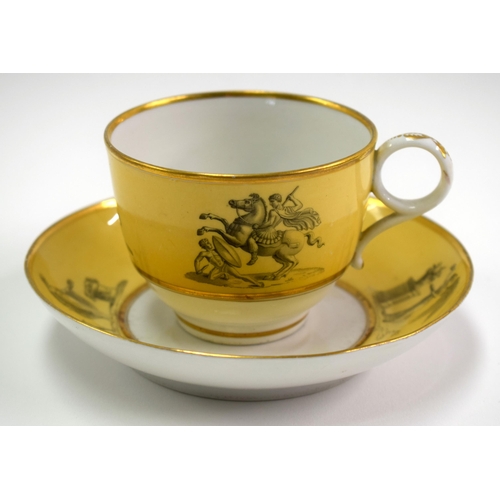 128 - Barr Flight and Barr rare yellow ground teacup and saucer printed in grey with Roman scenes. Saucer ... 