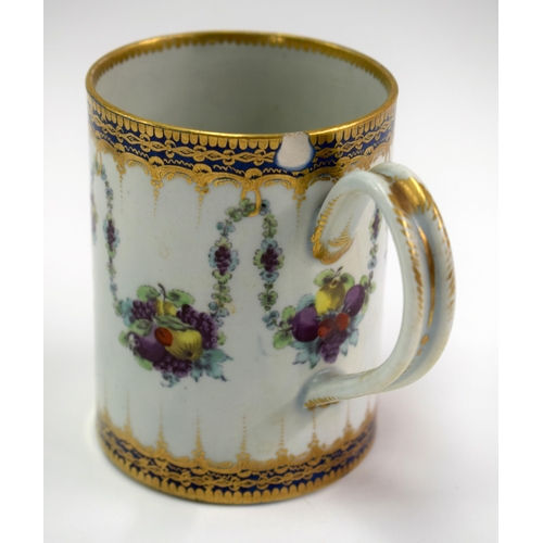 132 - 18th century Worcester mug painted with a Delhousie style pattern having a landscape and swags of fr... 