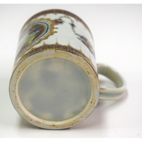 132 - 18th century Worcester mug painted with a Delhousie style pattern having a landscape and swags of fr... 
