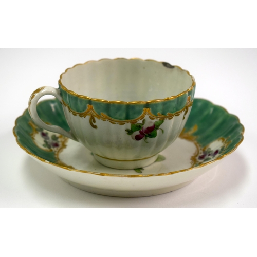 133 - 18th century Worcester rare Spotted Fruit Painter cup and saucer painted with fruit under green bord... 