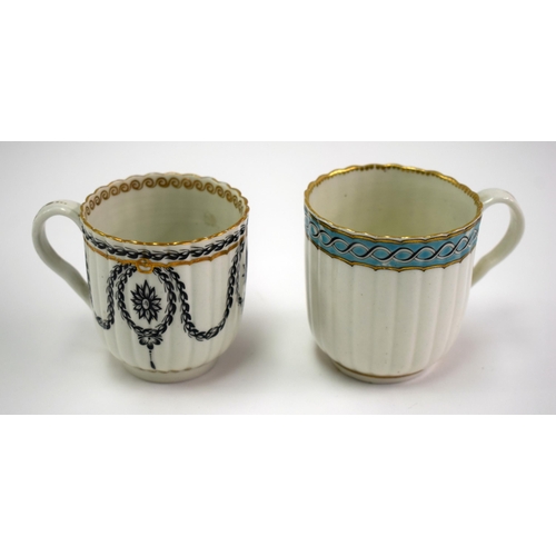 144 - 18th century Worcester fluted coffee cup painted in black with a neo-classical design and another co... 