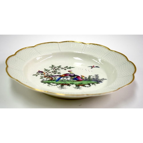145 - 18th century Worcester plate with basket weave moulding painted with exotic birds in landscape. 20 c... 