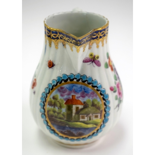 146 - 18th century Worcester fluted sparrowbeak jug painted with the Delhousie pattern having a landscape ... 