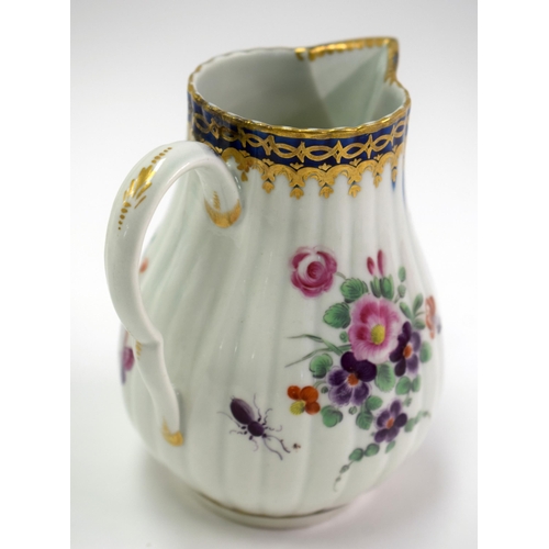 146 - 18th century Worcester fluted sparrowbeak jug painted with the Delhousie pattern having a landscape ... 