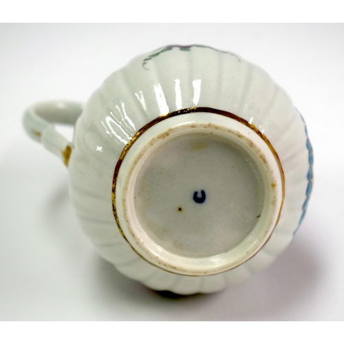 146 - 18th century Worcester fluted sparrowbeak jug painted with the Delhousie pattern having a landscape ... 