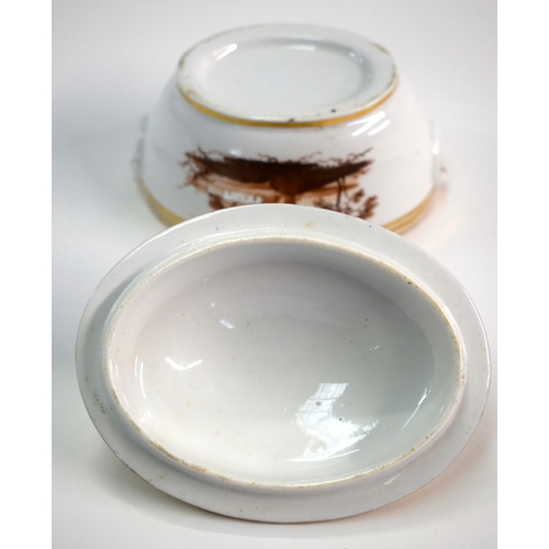 151 - Early 19th century Chamberlains Worcester miniature sucrier and cover painted with a sepia landscape... 