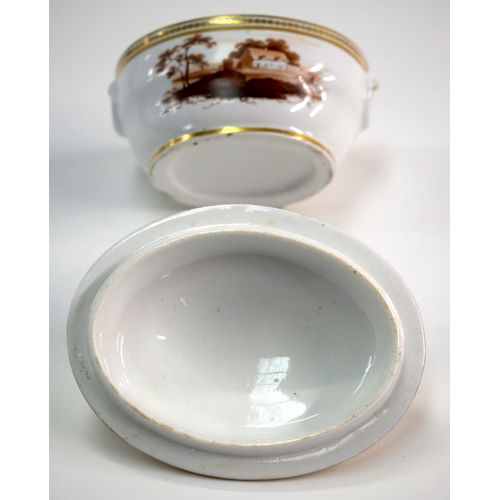 151 - Early 19th century Chamberlains Worcester miniature sucrier and cover painted with a sepia landscape... 