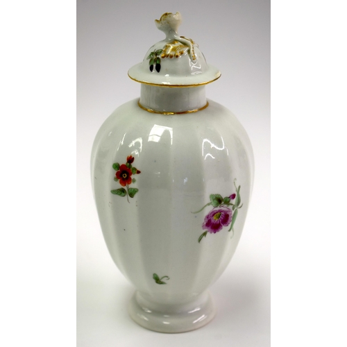 153 - 18th century Worcester tea canister and cover of faceted form painted with English garden flowers. 1... 