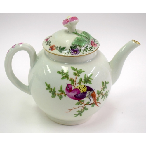 155 - 18th century Worcester teapot and cover, the teapot painted with a bird perched on a branch, the cov... 