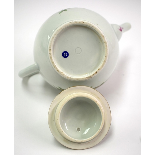 155 - 18th century Worcester teapot and cover, the teapot painted with a bird perched on a branch, the cov... 