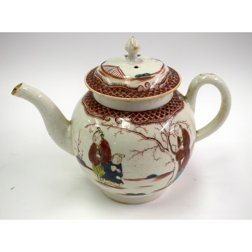 158 - 18th century Liverpool teapot and cover painted with oriental figures and a scale border. 17cm high