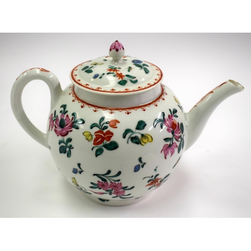 159 - 18th century Worcester teapot and cover painted with individual floral sprays and insects. 14 cm hig... 