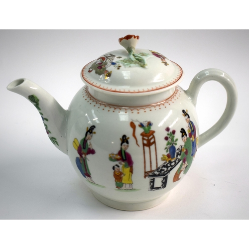 161 - 18th century Worcester teapot and cover painted with with the Chinese Family pattern. 14 cm high