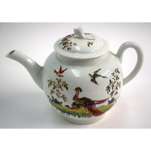 162 - 18th century Liverpool Chaffers teapot and cover painted with birds in landscape. 13 cm high