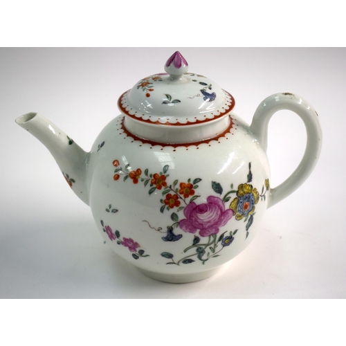 163 - 18th century Worcester teapot and cover painted with painted on each side with a large cabbage rose ... 