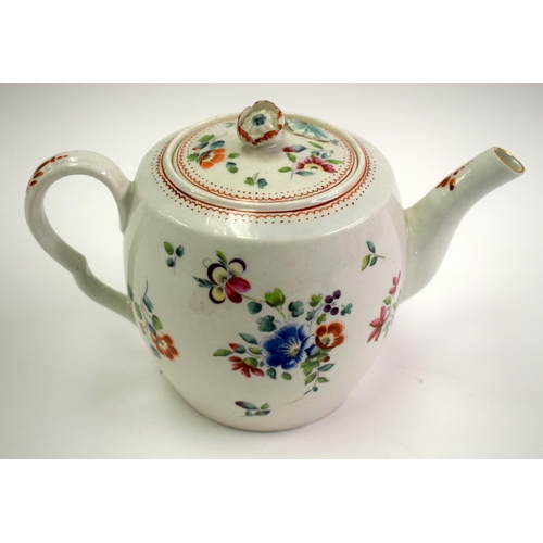 165 - 18th century Worcester barrel shaped teapot and cover painted with scattered sprays which include dr... 