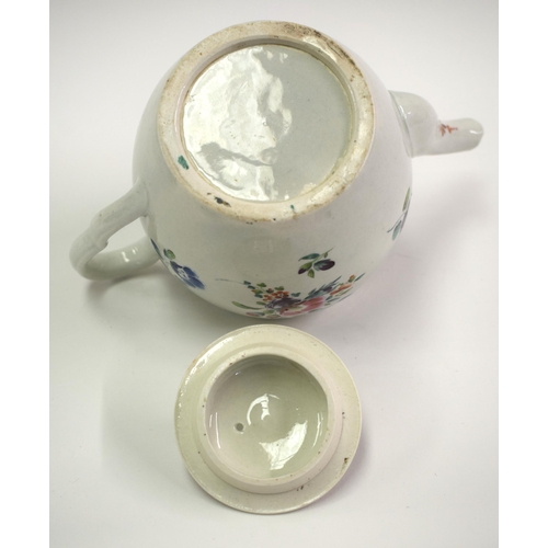 165 - 18th century Worcester barrel shaped teapot and cover painted with scattered sprays which include dr... 