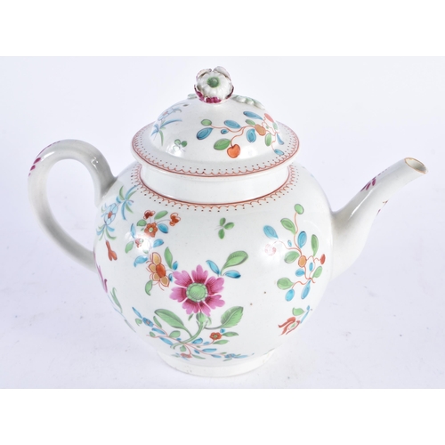 166 - 18th century Worcester teapot and cover enameled with oriental style flowers. 15cm high