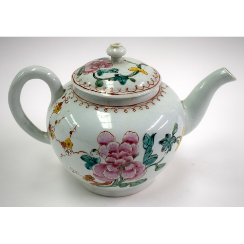168 - 18th century Liverpool Chaffers teapot and cover painted with large trailing flowering plants. 13m h... 