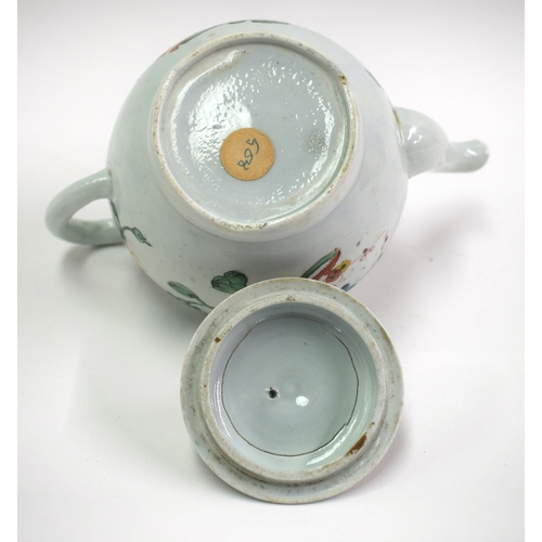 168 - 18th century Liverpool Chaffers teapot and cover painted with large trailing flowering plants. 13m h... 