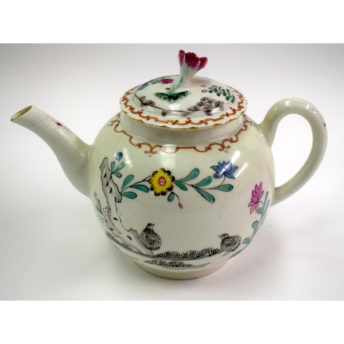 169 - 18th century Worcester teapot and cover painted with the rare Black Two Quail pattern, the cover wit... 