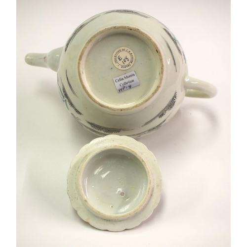 169 - 18th century Worcester teapot and cover painted with the rare Black Two Quail pattern, the cover wit... 