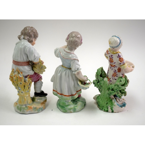 173 - 18th century Derby comfit figure of girl with a basket, patch marks, and two rare Derby figures of S... 