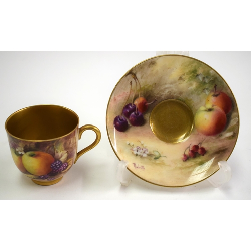 180 - Royal Worcester demi tasse cup and saucer painted with fruit by Ricketts and Phillips, date mark 191... 