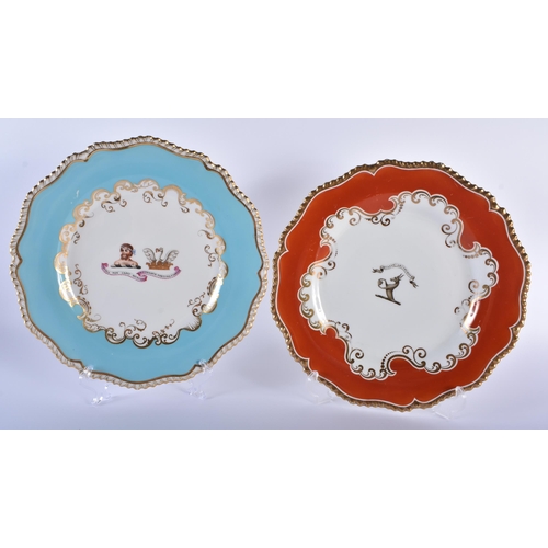 19 - TWO LARGE EARLY 19TH CENTURY FLIGHT BARR & BARR WORCESTER ARMORIAL SCALLOPED PLATES painted with cri... 