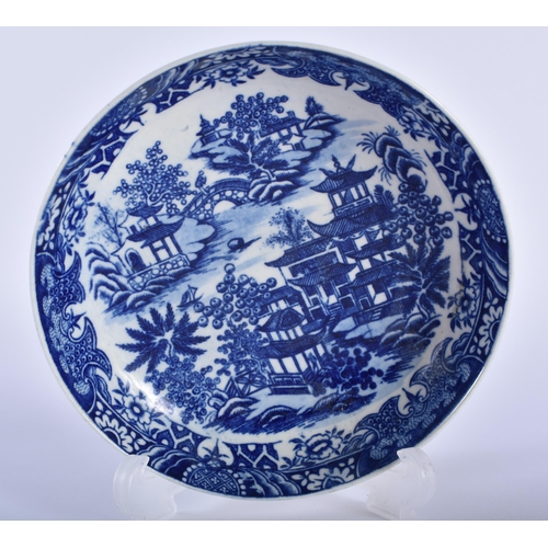 2 - AN 18TH CENTURY WORCESTER BLUE AND WHITE TEABOWL AND SAUCER decorated with the Band Stand pattern. 1... 