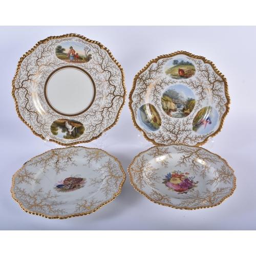 42 - FOUR EARLY 19TH CENTURY FLIGHT BARR AND BARR WORCESTER PLATES painted with landscapes, shells and fl... 