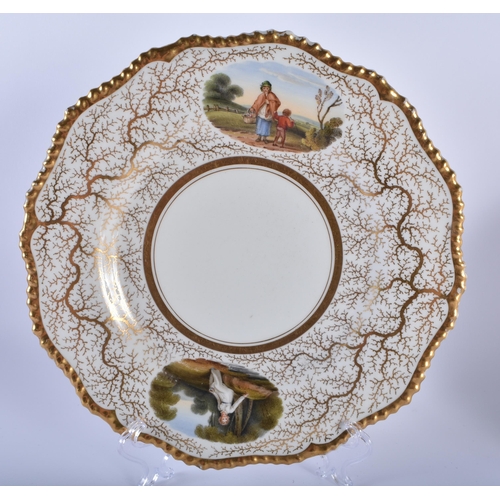 42 - FOUR EARLY 19TH CENTURY FLIGHT BARR AND BARR WORCESTER PLATES painted with landscapes, shells and fl... 