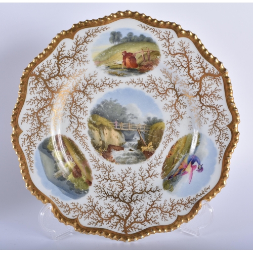 42 - FOUR EARLY 19TH CENTURY FLIGHT BARR AND BARR WORCESTER PLATES painted with landscapes, shells and fl... 