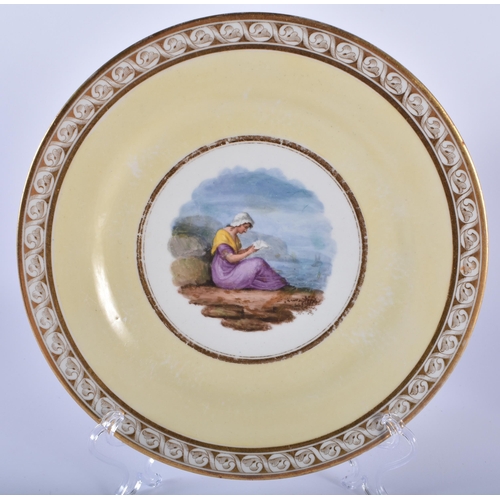 47 - THREE EARLY 19TH CENTURY FLIGHT BARR AND BARR WORCESTER PLATES painted with figures within a yellow ... 