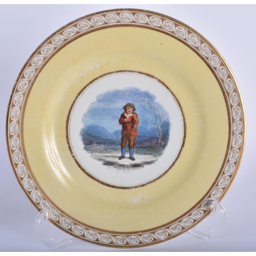 47 - THREE EARLY 19TH CENTURY FLIGHT BARR AND BARR WORCESTER PLATES painted with figures within a yellow ... 