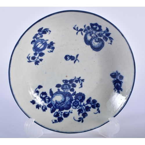 5 - AN 18TH CENTURY WORCESTER BLUE AND WHITE TEABOWL AND SAUCER decorated with the Fruit Sprigs pattern.... 