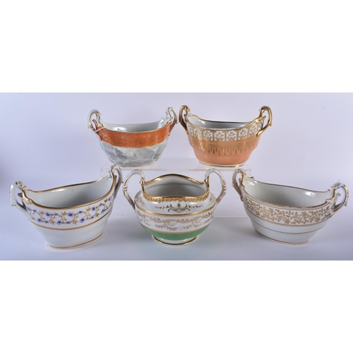 61 - A SET OF FIVE EARLY 19TH CENTURY FLIGHT BARR & BARR SUCRIERS in varying designs. Largest 17 cm wide.... 