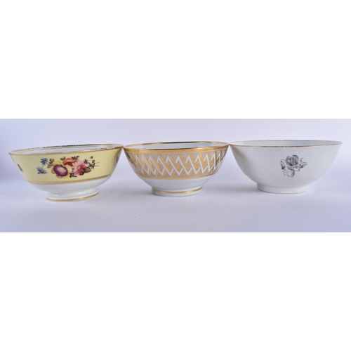 74 - A GROUP OF THREE EARLY 19TH CENTURY WORCESTER SLOP BOWLS including an armorial eagle bowl. 17 cm dia... 