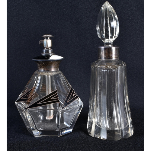 82 - AN ART DECO SILVER AND ENAMEL GLASS SCENT BOTTLE together with another silver mounted bottle. Larges... 
