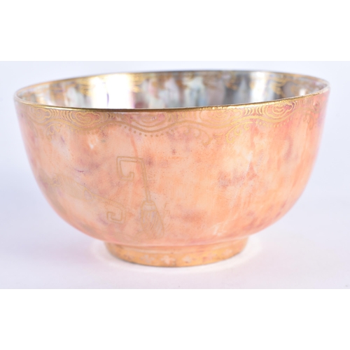 87 - AN UNUSUAL WEDGWOOD ORANGE LUSTRE CIRCULAR BOWL painted with precious objects. 9 cm diameter.