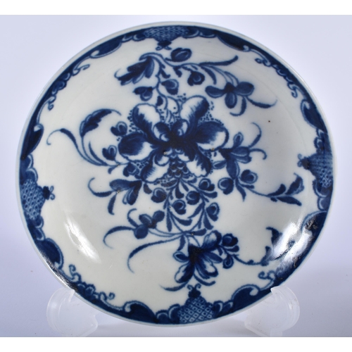 8 - AN 18TH CENTURY WORCESTER BLUE AND WHITE TEACUP AND SAUCER decorated with the Mansfield pattern. 12 ... 