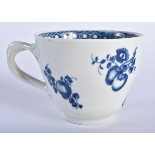 9 - A RARE 18TH CENTURY WORCESTER BLUE AND WHITE TEACUP AND SAUCER decorated with the Fruit Sprigs Borde... 