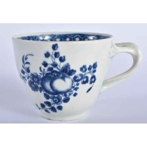 9 - A RARE 18TH CENTURY WORCESTER BLUE AND WHITE TEACUP AND SAUCER decorated with the Fruit Sprigs Borde... 