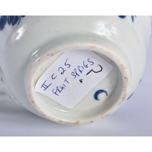 9 - A RARE 18TH CENTURY WORCESTER BLUE AND WHITE TEACUP AND SAUCER decorated with the Fruit Sprigs Borde... 