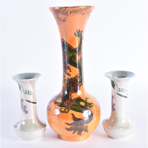 91 - A LARGE BURSLEY WARE LUSTRE DRAGON VASE together with an unusual pair of Shelley bird vases. Largest... 