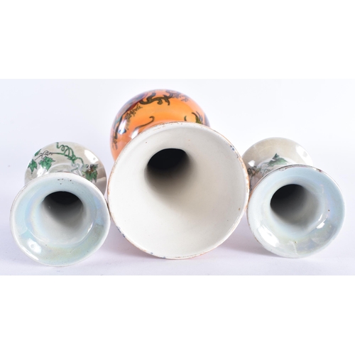 91 - A LARGE BURSLEY WARE LUSTRE DRAGON VASE together with an unusual pair of Shelley bird vases. Largest... 