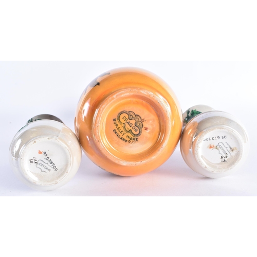 91 - A LARGE BURSLEY WARE LUSTRE DRAGON VASE together with an unusual pair of Shelley bird vases. Largest... 