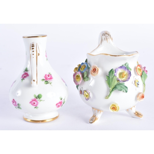 98 - A MINIATURE GERMAN MEISSEN PORCELAIN ENCRUSTED JUG together with a Meissen twin handled vase. 6.75 c... 